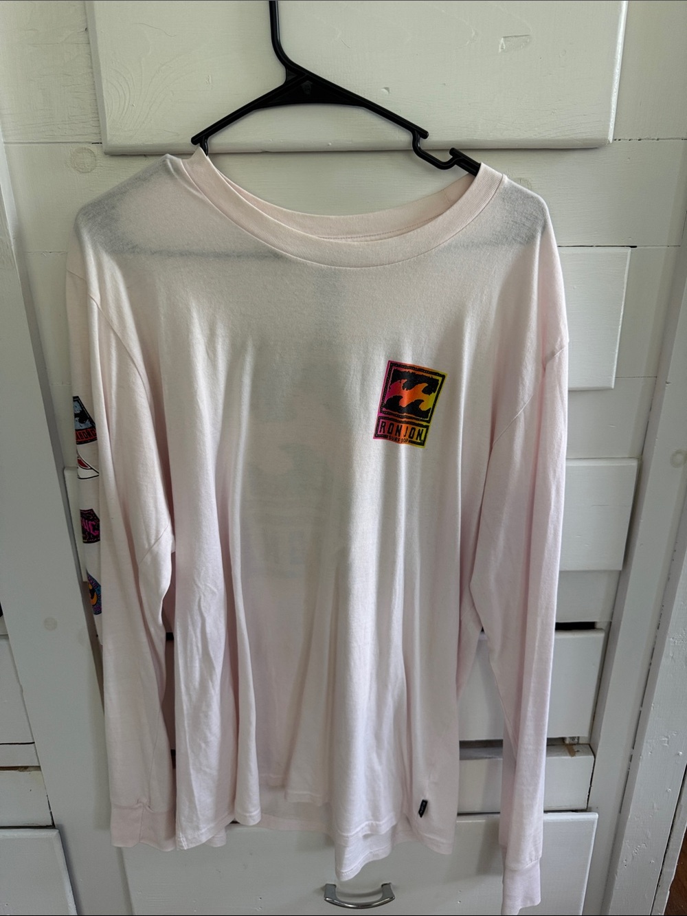 Billabong Light Pink Long Sleeve Graphic Tee with Multicolor Patch
